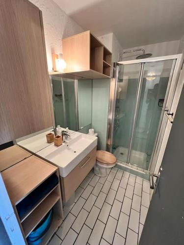 une salle de bain avec un lavabo, une douche et des toilettes dans l'établissement Appartement à deux pas de la mer, à Canet
