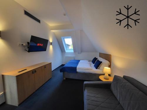 a small room with a bed and a tv at Pension Jitřenka Hřensko - Breakfast Included & Free Parking in Hřensko