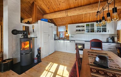 a kitchen with a woodburning stove and a table in it at 6 Bedroom Lovely Home In Treungen in Fjone