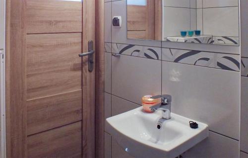 a bathroom with a sink and a mirror and a door at Pet Friendly Home In Miedzyzdroje With Kitchen in Międzyzdroje