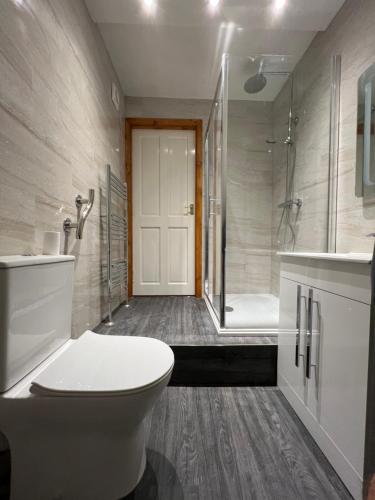 a bathroom with a toilet and a shower and a tub at The Folly in Draughton