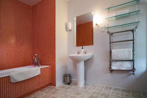 een badkamer met een wastafel en een spiegel bij Bryn Isaf Swyddffynnon in Ystrad-Meurig