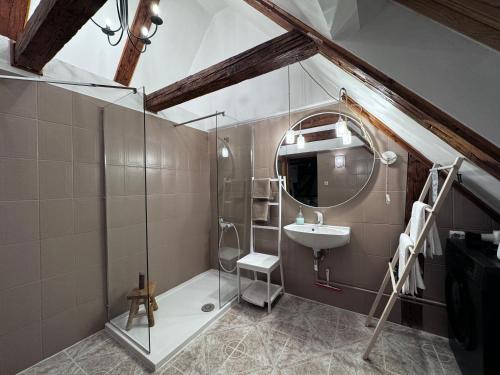 Un baño con ducha de cristal y lavabo. en Belle Vista Loft, en Brasov