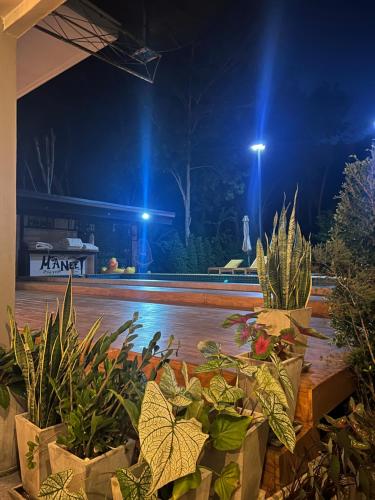 a patio at night with plants and lights at Manee Poolvilla in Khanom