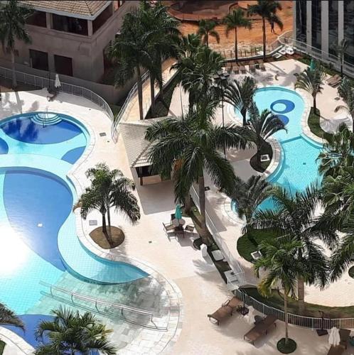 an overhead view of a resort pool with palm trees at 1233 in Barretos