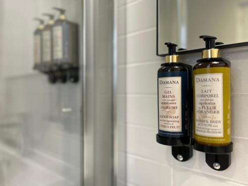two bottles of soap on a wall in a bathroom at Landgoed De Hoogmolen in Oudsbergen 