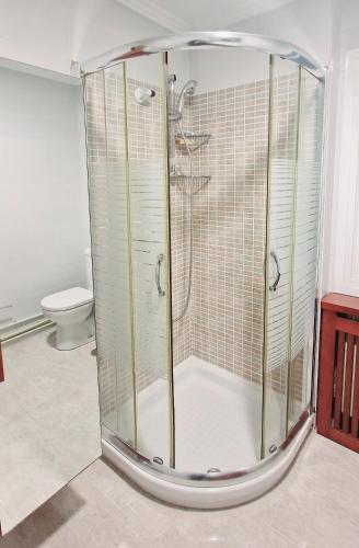 a glass shower in a bathroom with a toilet at Laralva Home in Pontevedra
