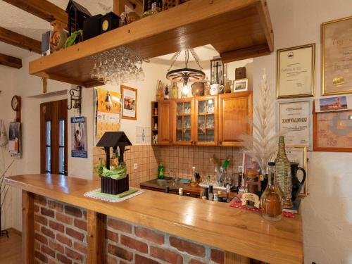 a kitchen with a counter with a brick wall at San Vinogradara in Donja Stubica