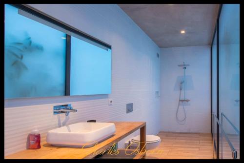 a bathroom with a sink and a shower at Villa Cristal in Sète