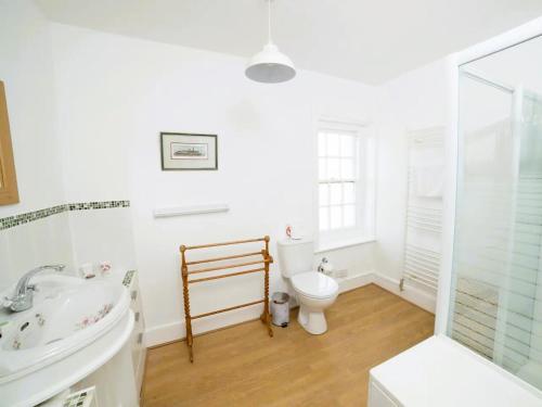 a white bathroom with a toilet and a sink at Coastguard Cottage in Ventnor