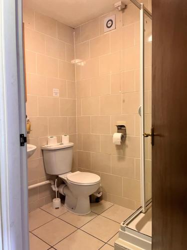 a bathroom with a toilet and a shower at Beech Mount Grove Suites in Liverpool