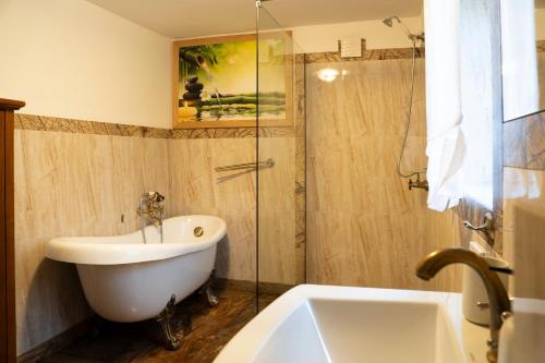 a bathroom with a tub and a toilet and a sink at Jaworowa Osada in Brenna