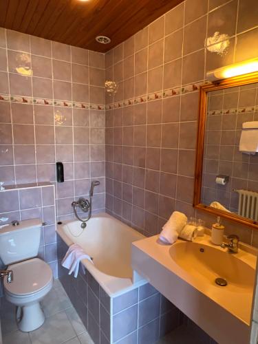 La salle de bains est pourvue d'une baignoire, de toilettes et d'un lavabo. dans l'établissement Hôtel Restaurant La Pendine, à Puy-Saint-Vincent