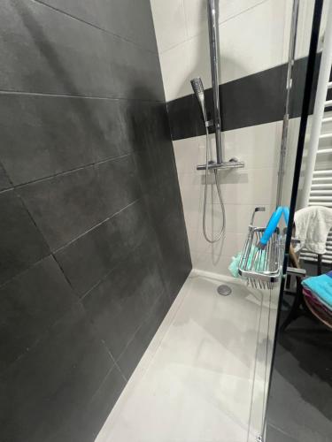 a bathroom with a shower with a glass door at Chambre dans jolie nature in Auxi-le-Château