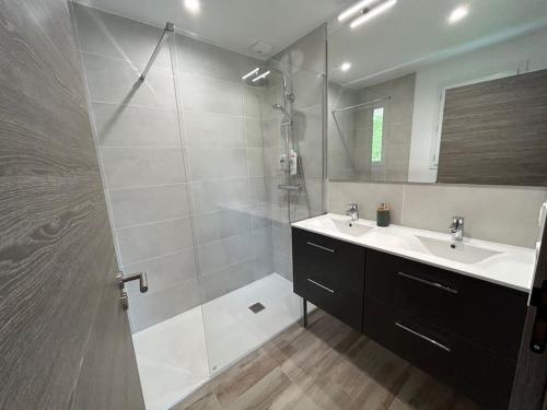 ein Bad mit einer Dusche, einem Waschbecken und einem Spiegel in der Unterkunft La Villa des Cimes in Pelleautier