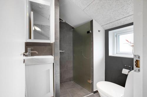 y baño con ducha, aseo y lavamanos. en Ferie-Oasen i Øster Hurup, en Øster Hurup