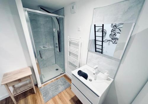 La salle de bains blanche est pourvue d'un lavabo et d'une douche. dans l'établissement T3 moderne et neuf à 5 min Lille-Centre, à Lille