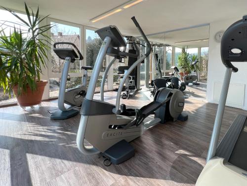 a gym with several treadmills and elliptical machines at Hotel Am Hirschhorn - Wellness - Spa - and more in Wilgartswiesen