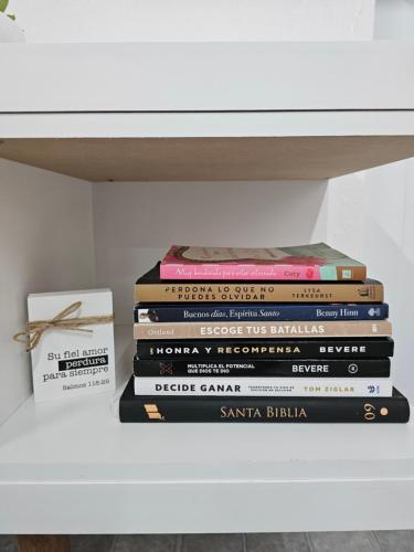 a stack of books sitting on a shelf at Salmos 23 acogedor apartamento estudio in Ceiba