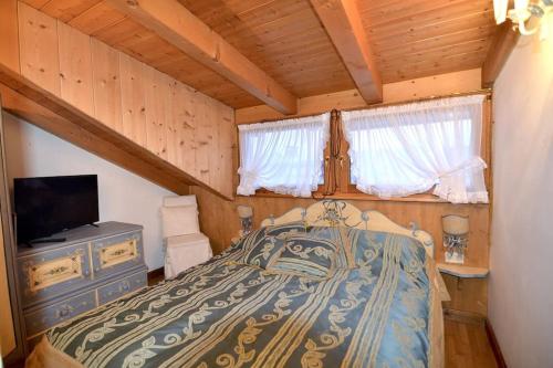 um quarto com uma cama e uma televisão num camarote em Cozy attic in the center of San Vito em San Vito di Cadore