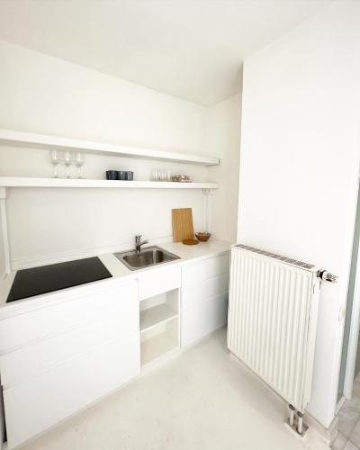 a white kitchen with a sink and a radiator at Le FauBourg Suites in Antwerp