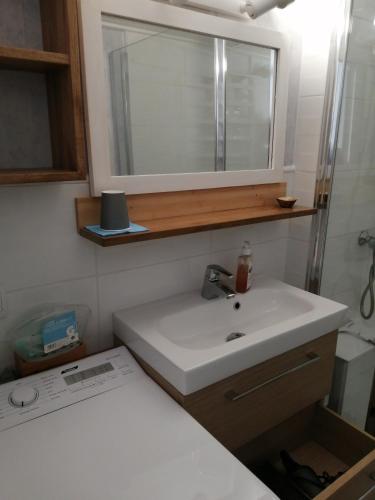 une salle de bain avec un lavabo et un miroir dans l'établissement ma petite maison du bord de mer, à Bretignolles-sur-Mer