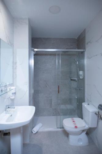 a bathroom with a shower and a toilet and a sink at Restaurante Hotel Abadesa in Villagonzalo-Pedernales