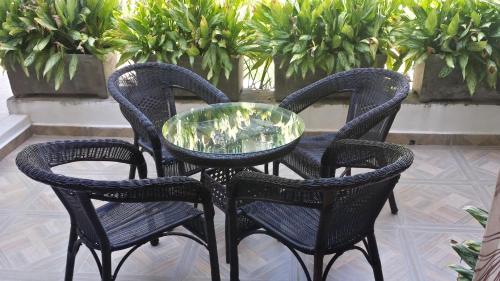 four chairs and a glass table in a patio at Villa Costa Chica Comodisimo piscina gigante jardines in Acapulco