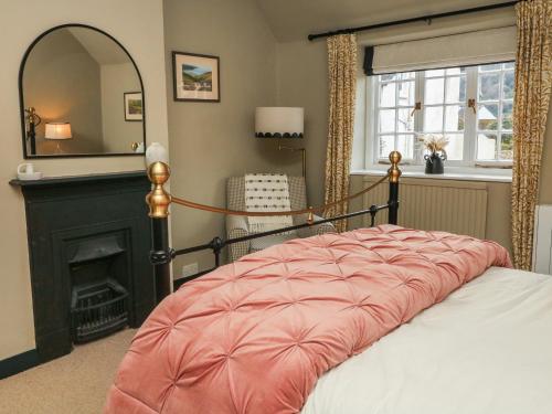 a bedroom with a bed with a fireplace and a mirror at Stag Cottage in Minehead