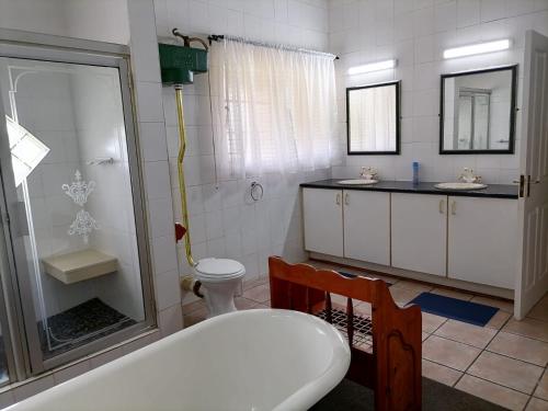 a bathroom with a tub and a toilet and a sink at Shingalana Guest Lodge in Hazyview