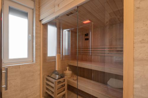 y baño con ducha de cristal y ventana. en Eagle’s Nest Villa en Kopačevo