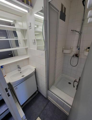 La petite salle de bains est pourvue d'une douche et d'un lavabo. dans l'établissement Charmant appartement type T2 proche de la mer, au Grau-du-Roi