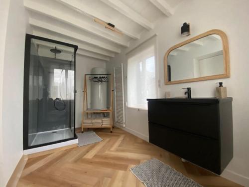 bagno con lavandino e grande specchio di YVECRIQUE - Maison avec Jardin tout confort 2 à 6 pers 