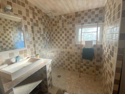 ein Bad mit einem Waschbecken und einem Spiegel in der Unterkunft D’ici et d’ailleurs in Beaumont-de-Pertuis
