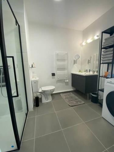 une salle de bain blanche avec des toilettes et un lavabo dans l'établissement Cogolin Centre 1 bed Appartment, à Cogolin