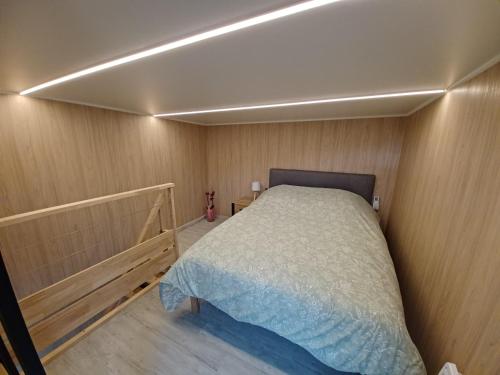 1 dormitorio con 1 cama en una habitación pequeña en La Cabanne du Vigné, en Saint-Pargoire