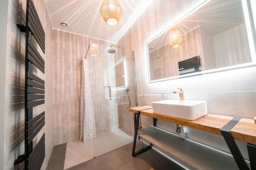 une salle de bain avec un lavabo et une douche dans l'établissement L'Hédoniste, Elégant T2, Clim, Centre Ville, à Montpellier