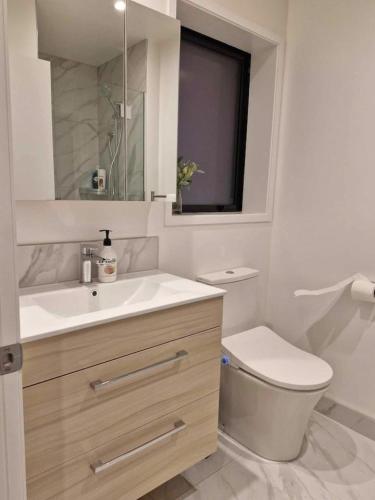a bathroom with a sink and a toilet and a window at Cosy CBD Studio Apartment 6 in Christchurch
