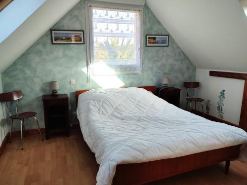 ein Schlafzimmer mit großem Bett und Fenster in der Unterkunft Maison à 200m de la plage avec jardin clos sur l'ILE GRANDE - Réf 283 in Pleumeur-Bodou