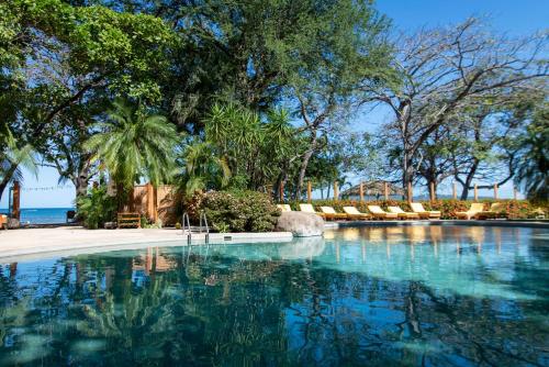 una piscina con agua azul y palmeras en Capitán Suizo Beachfront Boutique Hotel, en Tamarindo