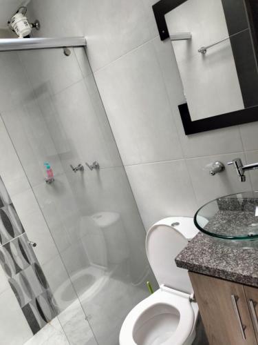 uma casa de banho com um chuveiro, um WC e um lavatório. em Aparta-hotel medilaser-Uniboyaca em Tunja