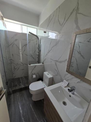 a bathroom with a toilet and a sink and a mirror at Silver Inn Hotel in Cerro Azul