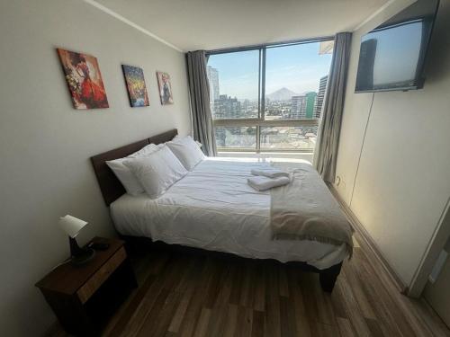 a bedroom with a bed and a large window at Best Apartment Rental Estación Central in Santiago