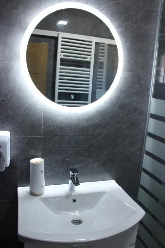 a bathroom with a white sink and a mirror at Apartmani Ramonda in Teslić