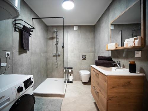 La salle de bains est pourvue d'une douche, d'un lavabo et de toilettes. dans l'établissement Adalia lodge, à Yutz