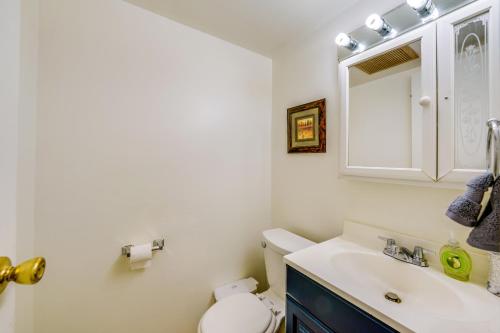 a bathroom with a sink and a toilet and a mirror at Cozy and Quiet Hanover Park Townhome! in Hanover Park