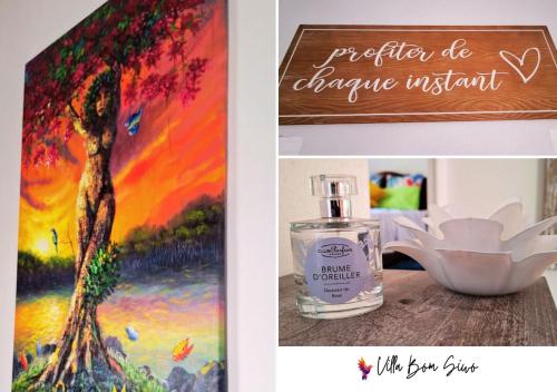 a picture of a bottle of perfume next to a painting at Villa Bom Siwo: Anse Bertrand in Anse-Bertrand