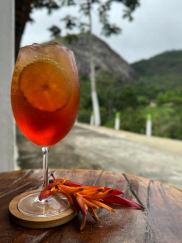 a drink sitting on a wooden table with an orange at Pousada paraíso pedra do Rodeadouro in Bonito