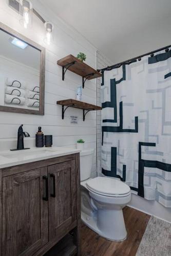 a bathroom with a toilet and a shower curtain at Pocono Retreat Movies Games Spacious in Long Pond