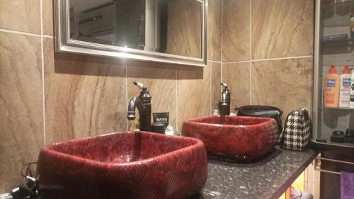 two red sinks in a bathroom with two faucets at Maison trois chambres in Schwändi